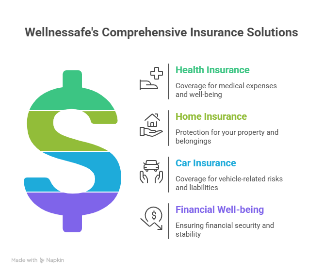 Wellnessafe's comprehensive insurance solutions infographic showing health insurance, home insurance, car insurance, and financial well-being coverage.